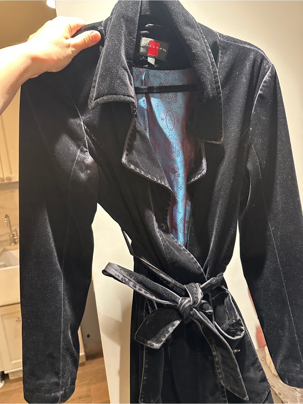 Gallery Vintage Black Velvet Belted Trench Coat